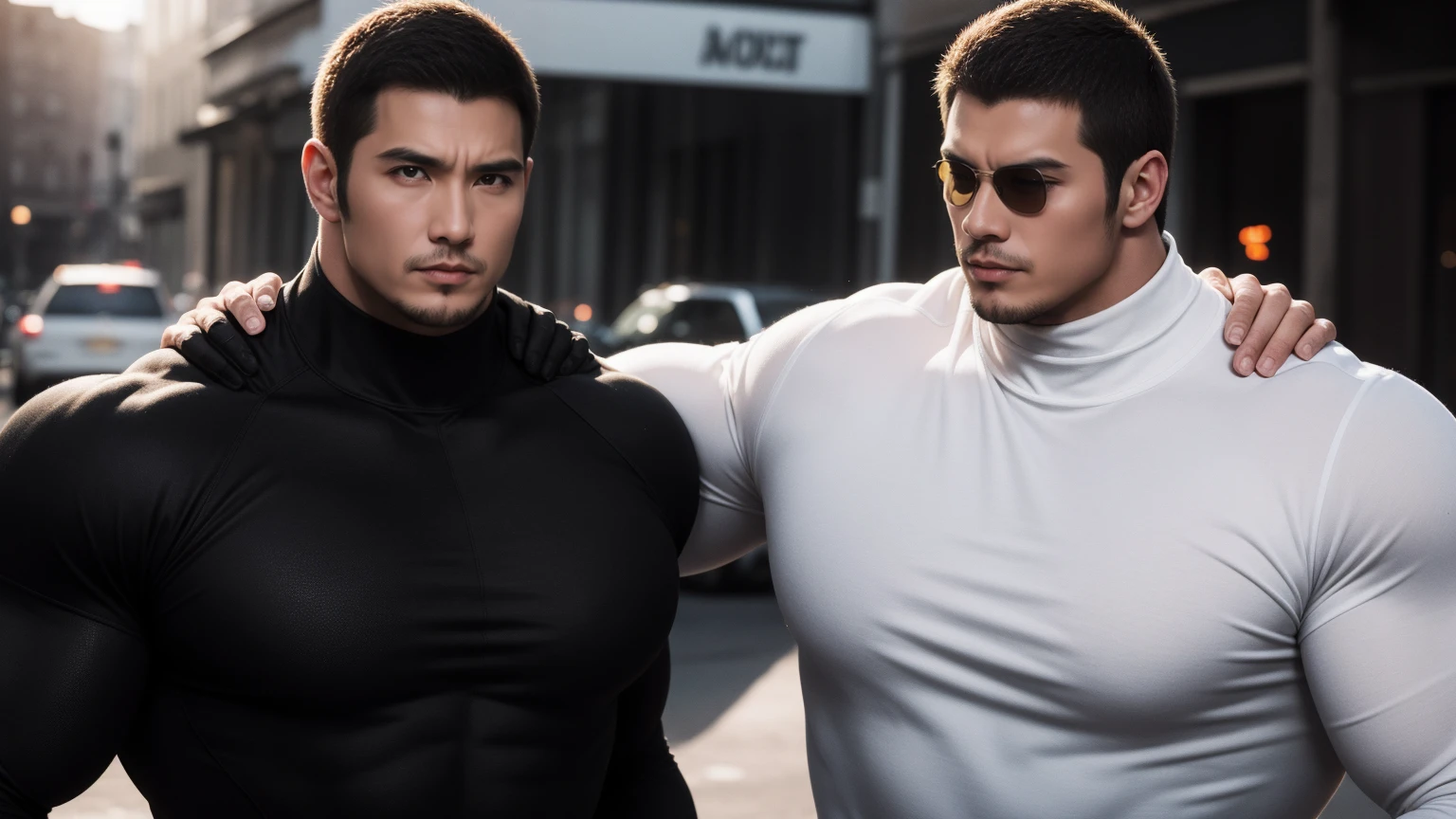 Super muscular man hugging, Sad eyes,Wear sunglasses,They embrace affectionately,short hair,On a vintage outdoor street under the hot sun, Wear long sleeves, Deep turtleneck bodysuit, Thickened warm elastic texture,The clothes are dirty,There are mud stains,Looks sad, Thick thighs, messy hair, Thick thighs, High target-necked long-sleeved dark yellow high-necked tights, very tight, Regular symmetrical pattern, High targetlight muscles, Police uniform pants, character concept(Resident Evil - chris redfield, chris redfield)A proud expression, Deep and charming eyes, Valiant male pose, tall Burly, muscular!muscular thighs, Tough Guy, Perfect facial features, High target, Burly, Heqiang, Super exquisite and cool, High target Resolution Committee, Attractive, The sun is blazing, Dazzling