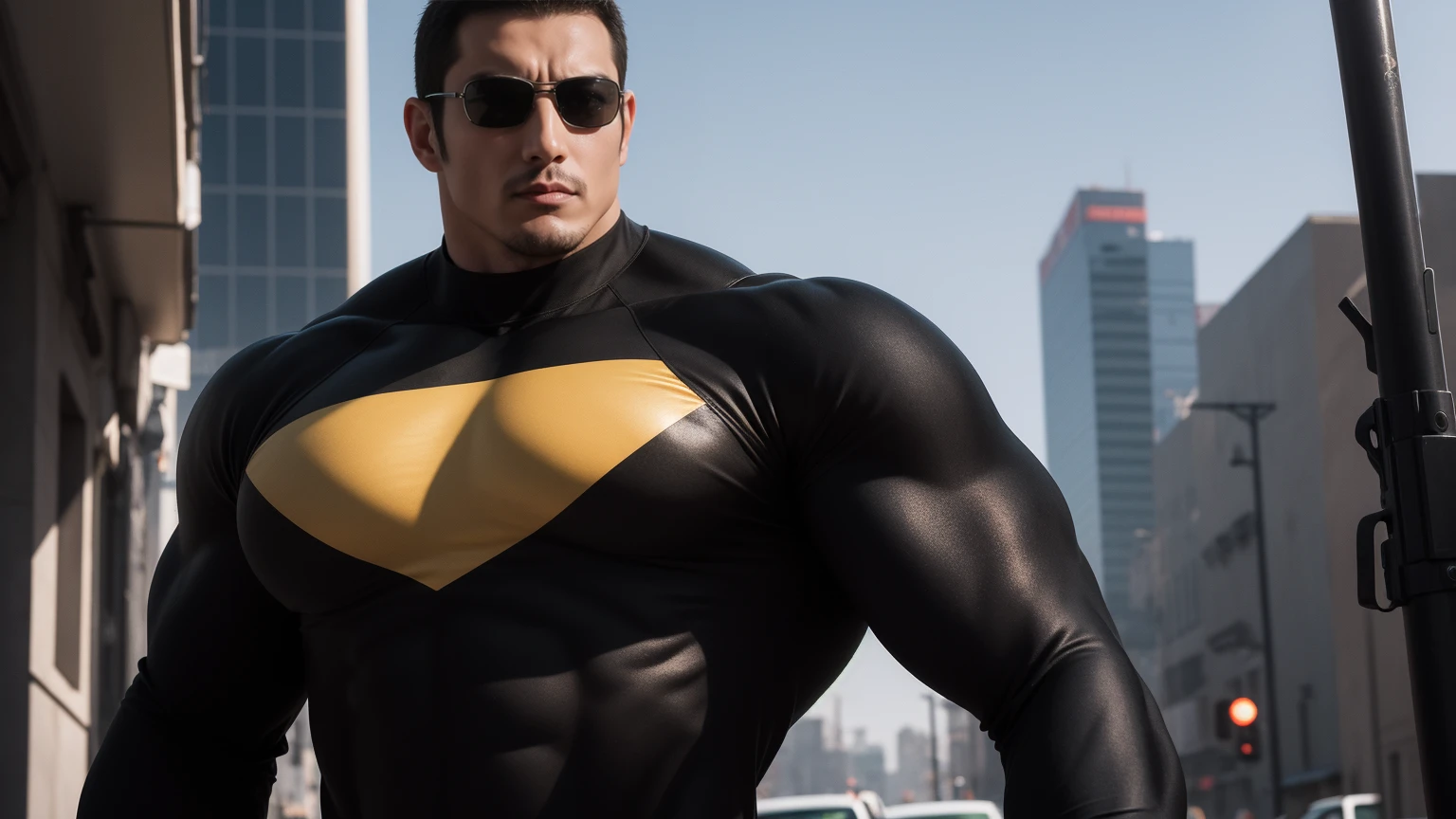 Super muscular man hugging, Sad eyes,Wear sunglasses,They embrace affectionately,short hair,On a vintage outdoor street under the hot sun, Wear long sleeves, Deep turtleneck bodysuit, Thickened warm elastic texture,The clothes are dirty,There are mud stains,Looks sad, Thick thighs, messy hair, Thick thighs, High target-necked long-sleeved dark yellow high-necked tights, very tight, Regular symmetrical pattern, High targetlight muscles, Police uniform pants, character concept(Resident Evil - chris redfield, chris redfield)A proud expression, Deep and charming eyes, Valiant male pose, tall Burly, muscular!muscular thighs, Tough Guy, Perfect facial features, High target, Burly, Heqiang, Super exquisite and cool, High target Resolution Committee, Attractive, The sun is blazing, Dazzling