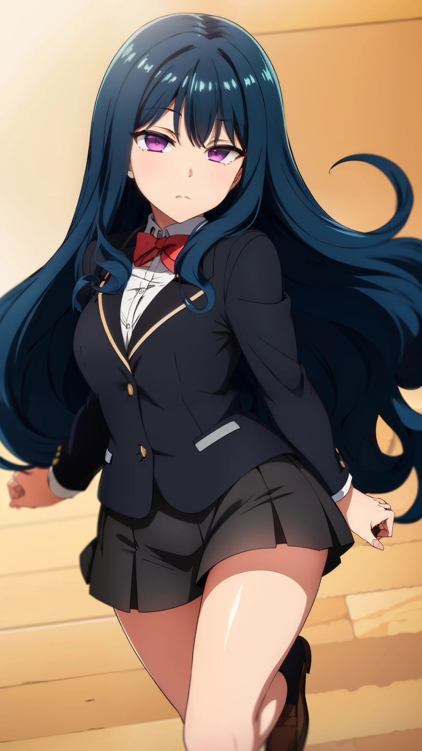 (masterpiece, best quality, high resolution, 8k:1.2),anime art style, nozaki yuu,anime, girl１people,(narrowed eyes, eyes half-closed, jitome, rolling eyes :1.2),(eye light: 1.2),closed mouth, blue hair, very long hair, (wavy hair:1.2), purple eyes, beautiful eyes, highly detailed face, Detailed CG, expressionless,, solo,(black blazer, black miniskirt, black socks), looking at the viewer, in the center of the image, dynamic poses, dynamic angles,