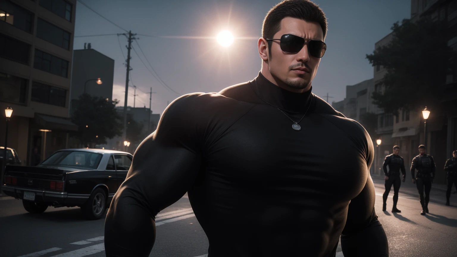 Super muscular man hugging, Sad eyes,Wear sunglasses,They embrace affectionately,short hair,On a vintage outdoor street under the hot sun, Wear long sleeves, Deep turtleneck bodysuit, Thickened warm elastic texture,The clothes are dirty,There are mud stains,Looks sad, Thick thighs, messy hair, Thick thighs, High target-necked long-sleeved dark yellow high-necked tights, very tight, Regular symmetrical pattern, High targetlight muscles, Police uniform pants, character concept(Resident Evil - chris redfield, chris redfield)A proud expression, Deep and charming eyes, Valiant male pose, tall Burly, muscular!muscular thighs, Tough Guy, Perfect facial features, High target, Burly, Heqiang, Super exquisite and cool, High target Resolution Committee, Attractive, The sun is blazing, Dazzling