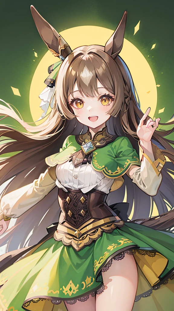  girl,Colossal ,Smile with open mouth,horse ears,brown hair,long hair,green magical girl costume,yellow eyes,Top image quality,Best Quality