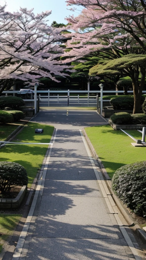 Japan Park　Murder scene　There is a no entry tape.。There are several police cars parked at the entrance to the park.。