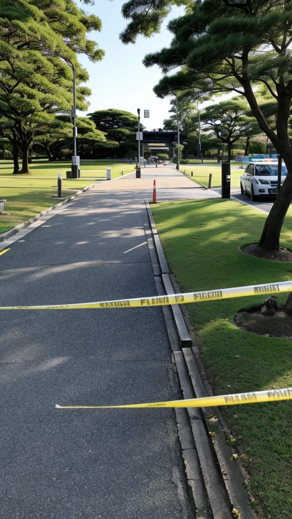 Japan Park　Murder scene　There is a no entry tape.。There are several police cars parked at the entrance to the park.。