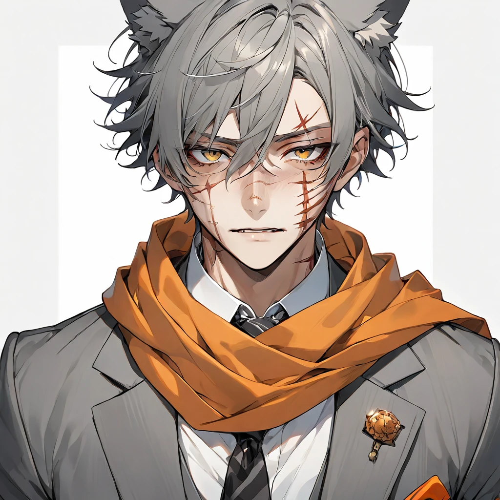 anime boy， Short gray hair,Wolf ears， (((Scars on the face, Pins, )))Gray suit，Orange scarf 