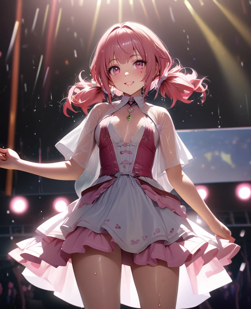 One Girl、Looking at the audience、lovely,
Beautiful pink eyes、short twin tail hair , Mole under the eye、Plump and glossy lips、Heart-shaped choca、Idol、Her name is Rico,smile、ー、。.。.。.。.。.。.。.。.。.。.。.。.。.。.。.。.。.。.3D、Realistic、
The idol's costume was soaked in the heavy rain, and her chest was wet and transparent.Heavy rain at outdoor concert, Drape clothes、gem、The decoration has been removed、Floral、Lace trim,On a glittering stage、
masterpiece、highest quality、8k、Detailed skin texture、Detailed cloth texture、Beautifully detailed face、Intricate details、Very detailed、
超A high resolution、8k Ultra HD、Film Grain、Best Shadow、delicate、Gazing at the audience、front