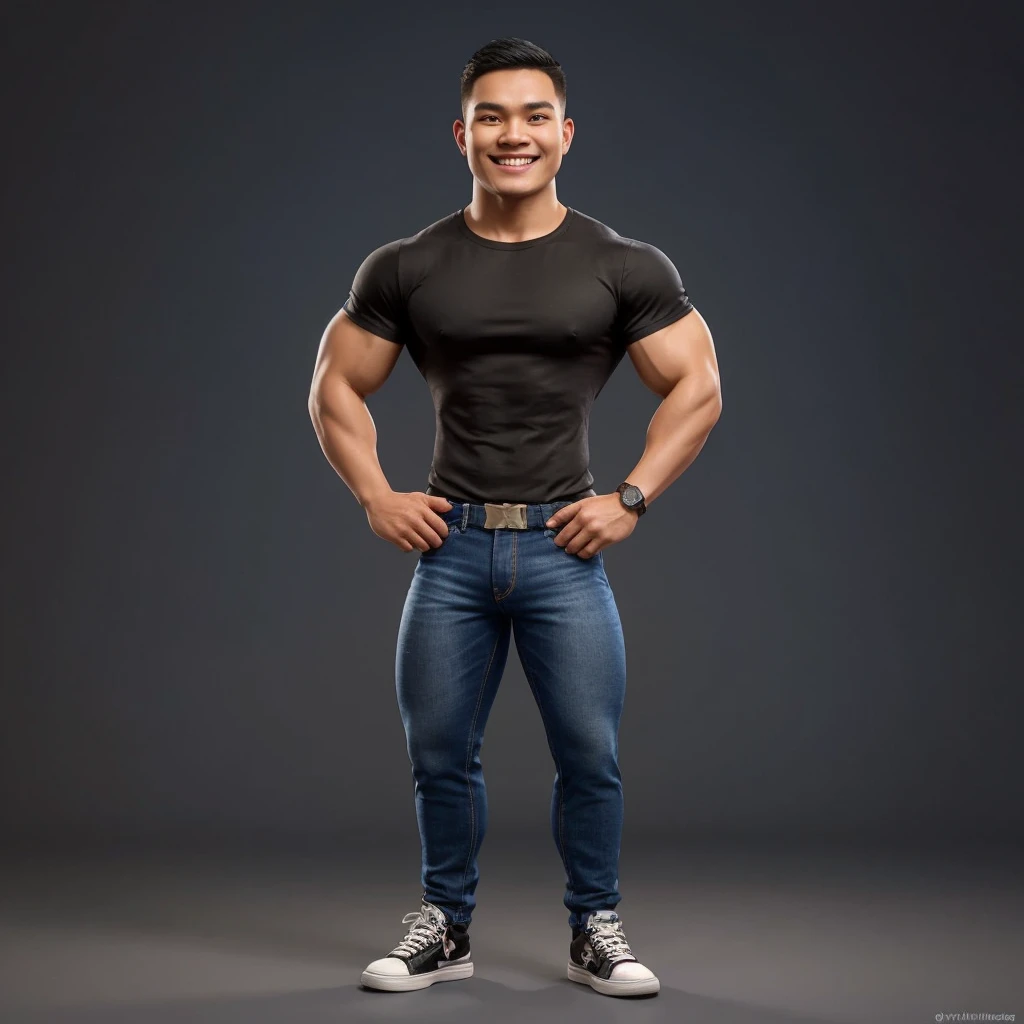 Hyperrealistic 3D Cartoon style character with big head and full body. 20 year old Indonesian man, ideal body, muscular, short black hair, army cut, wearing a black t-shirt. blue denim pants. smiling at the camera with hands in ready position, gray background. Use soft photography lighting. Hair lighting, top lighting, side lighting, high quality photos, UHD, 16K