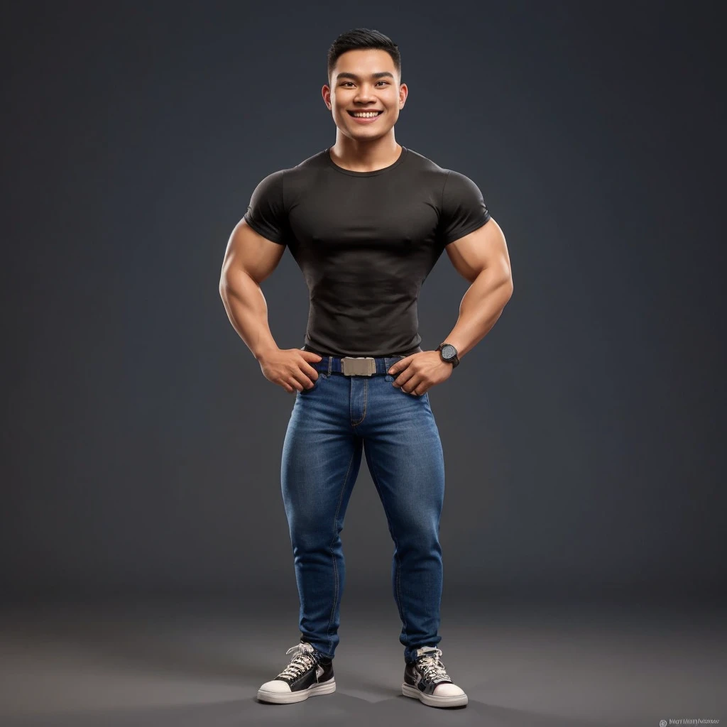 Hyperrealistic 3D Cartoon style character with big head and full body. 20 year old Indonesian man, ideal body, muscular, short black hair, army cut, wearing a black t-shirt. blue denim pants. smiling at the camera with hands in ready position, gray background. Use soft photography lighting. Hair lighting, top lighting, side lighting, high quality photos, UHD, 16K