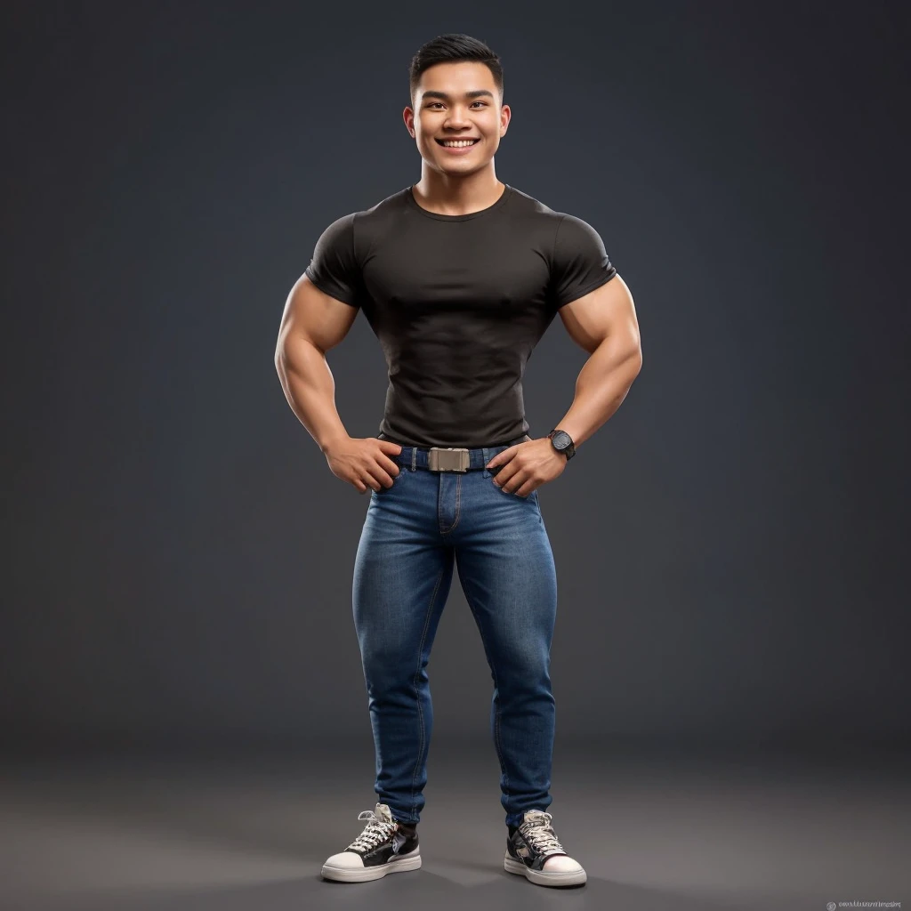Hyperrealistic 3D Cartoon style character with big head and full body. 20 year old Indonesian man, ideal body, muscular, short black hair, army cut, wearing a black t-shirt. blue denim pants. smiling at the camera with hands in ready position, gray background. Use soft photography lighting. Hair lighting, top lighting, side lighting, high quality photos, UHD, 16K