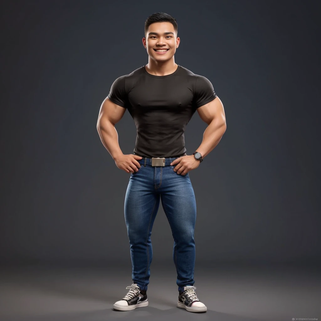 Hyperrealistic 3D Cartoon style character with big head and full body. 20 year old Indonesian man, ideal body, muscular, short black hair, army cut, wearing a black t-shirt. blue denim pants. smiling at the camera with hands in ready position, gray background. Use soft photography lighting. Hair lighting, top lighting, side lighting, high quality photos, UHD, 16K