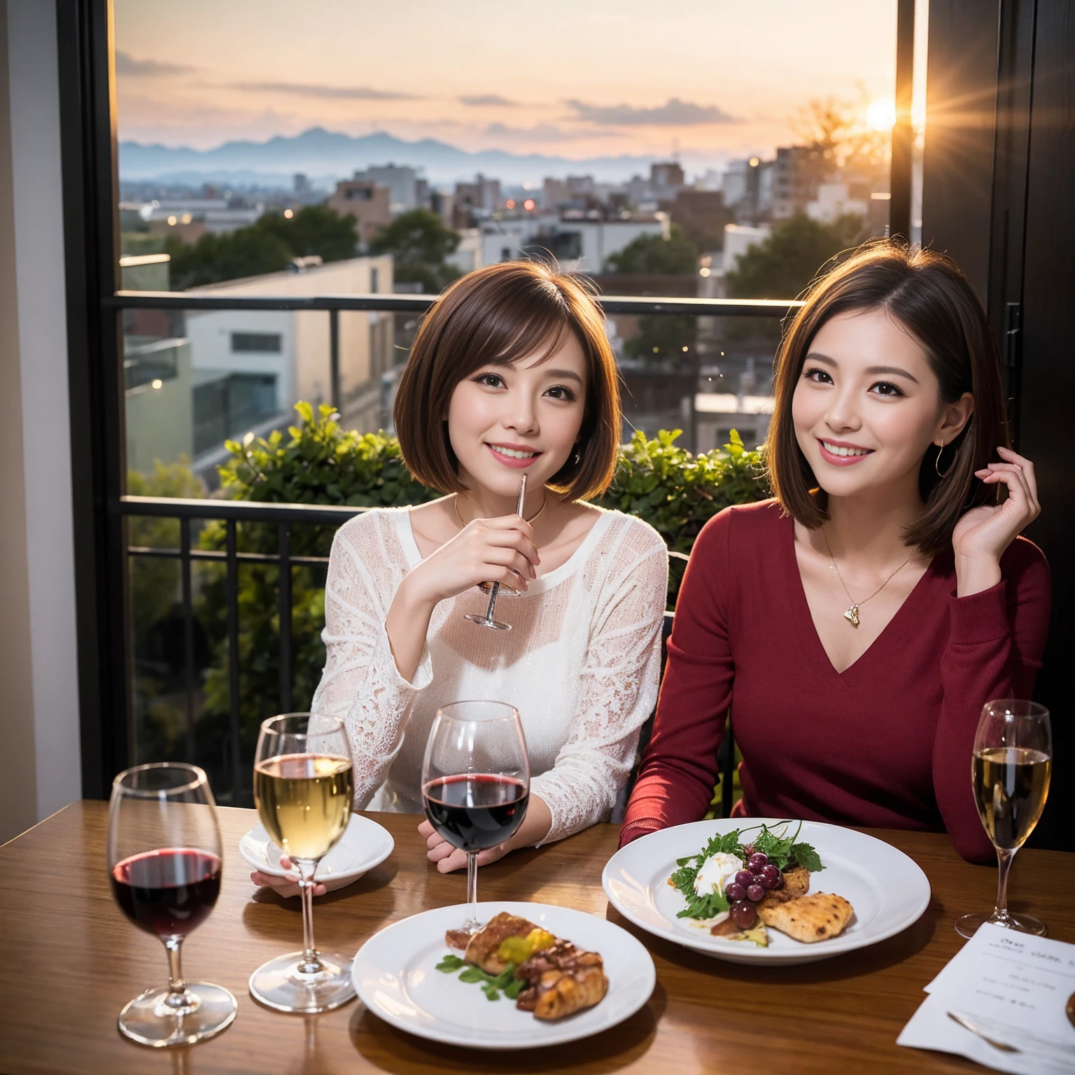 ((Highest quality、8k、masterpiece:1.3))、 (Genuineistic, Genuine、Bright image、Intricate details:1.2), Best smile 1 man 1 woman、Beautiful Couple、Lovers、Relatives and friends、actress couple、couple、Model Couple、Smile、A full-course dinner with a full table、テーブルにwine glass、 (Slim face), (The body is slim), (Brown Hair), (short hair), Please shine a light on my face、 Amazing view of the sunset sky and clouds、 (age 34), 38 years old, red wine 、Appetizers、Wine bottle、sparkling wine、Long sleeve shirt、dress、White wine, red wine, wine glass, 