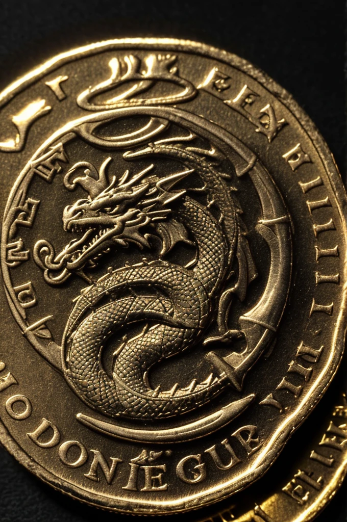 Black background , a coin with a dragon picture on it , the coin should have a slight red accent, at the top edge of the coin should be written : 1 Dracoin . At the bottom edge should be written : born to entertain
