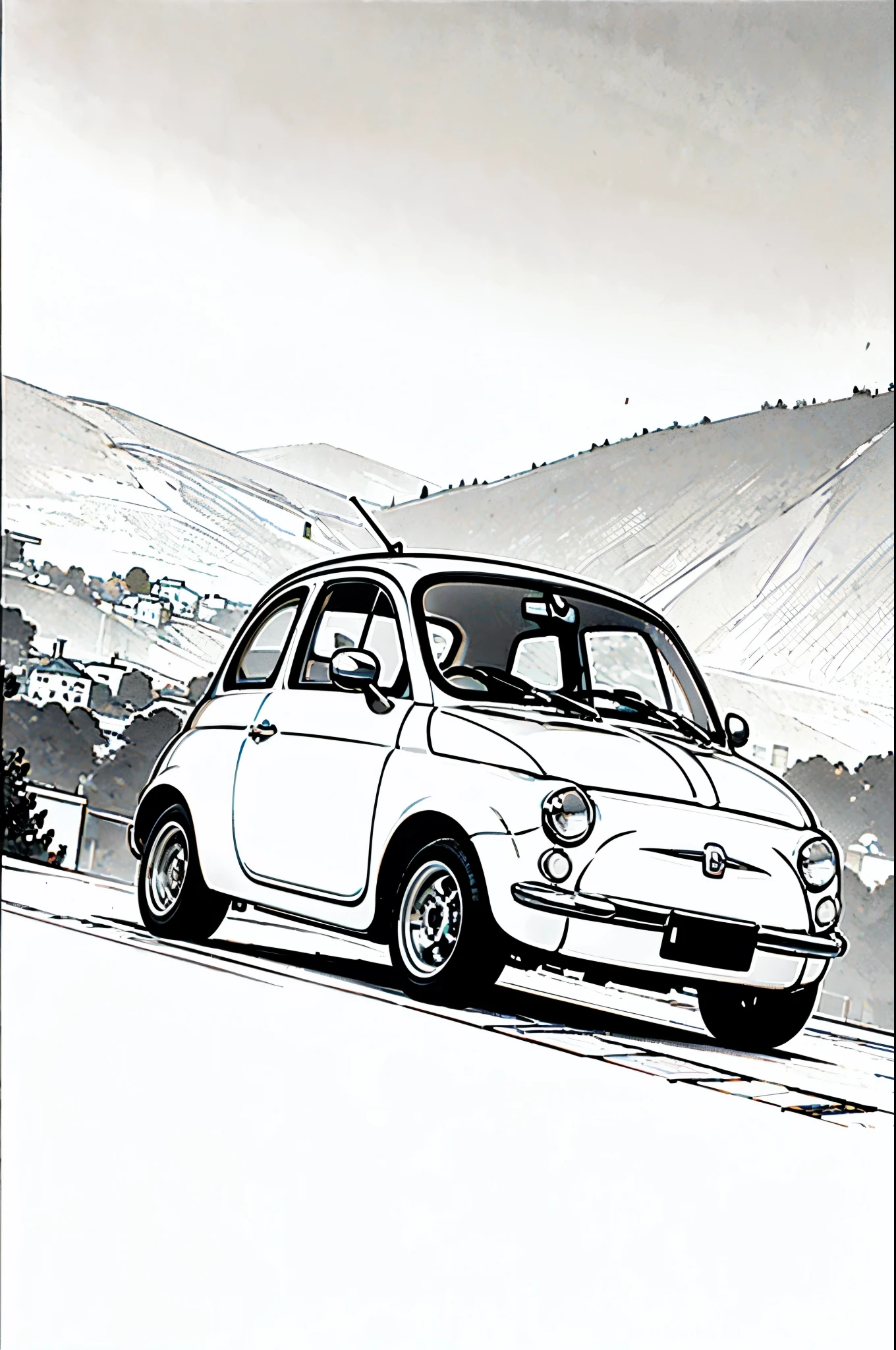 (masterpiece:1.2, Highest quality),(Line art),(Monochrome),(Very detailed),8K,wallpaper,Fiat 500,Italian town,Sunset