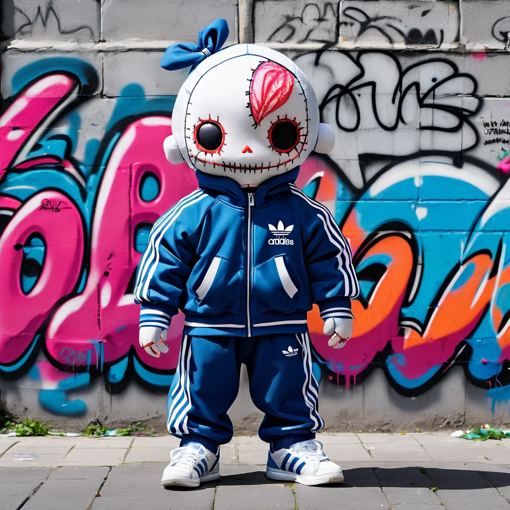 (knitted voodoo doll:1.9), (in a tracksuit with Adidas stripes:1.0), (standing in front of a wall covered in graffiti:1.3),  best quality, masterpiece, detailed soft oil painting, detailed background, dramatic cinematic lighting, soft edge lighting, professional, dramatic lighting, hard edge lighting, ultra quality, 4k, masterpiece, best quality, 8k, ultra high definition, high resolution, extremely detailed