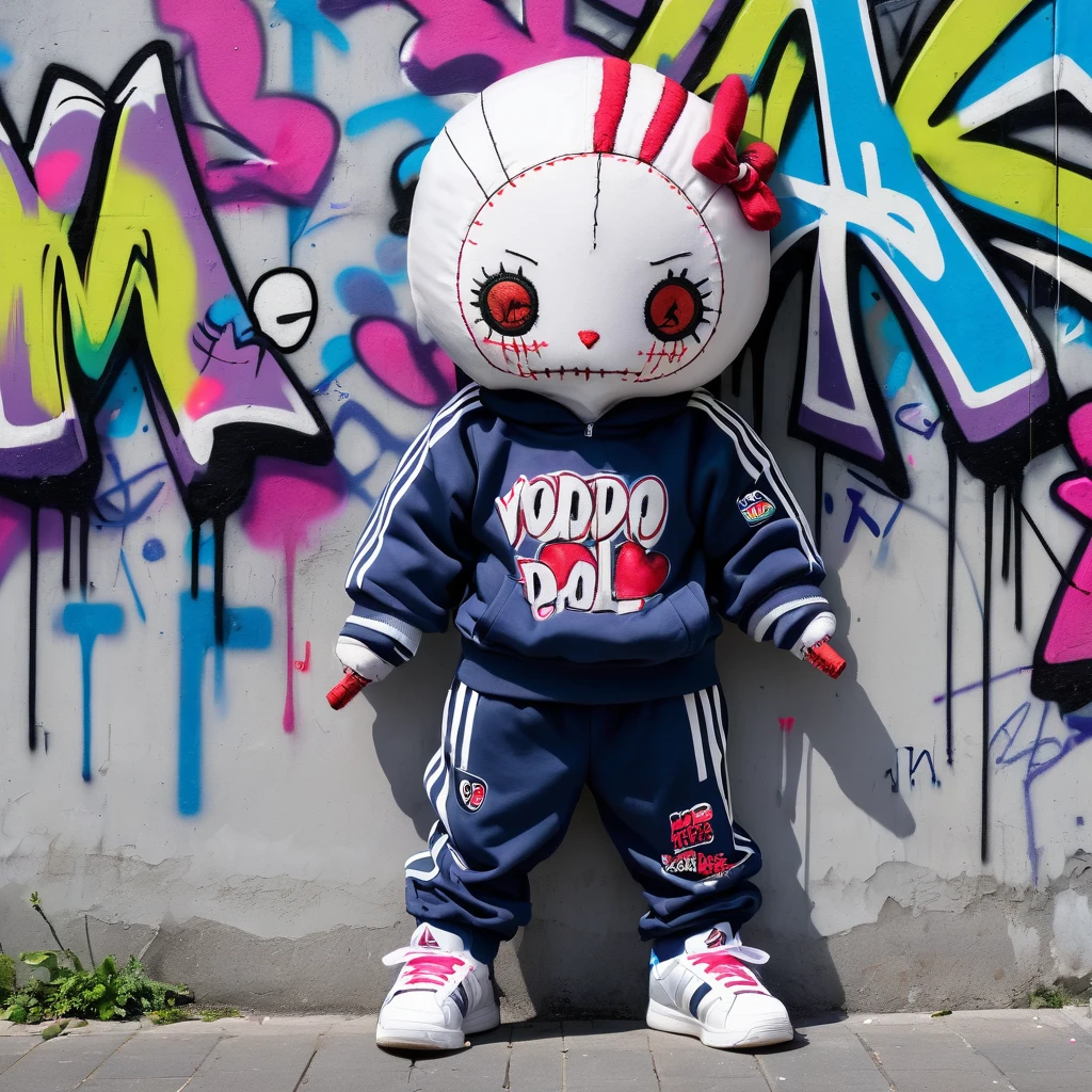 (knitted voodoo doll:1.9), (in a tracksuit with Adidas stripes:1.0), (standing in front of a wall covered in graffiti:1.3),  best quality, masterpiece, detailed soft oil painting, detailed background, dramatic cinematic lighting, soft edge lighting, professional, dramatic lighting, hard edge lighting, ultra quality, 4k, masterpiece, best quality, 8k, ultra high definition, high resolution, extremely detailed