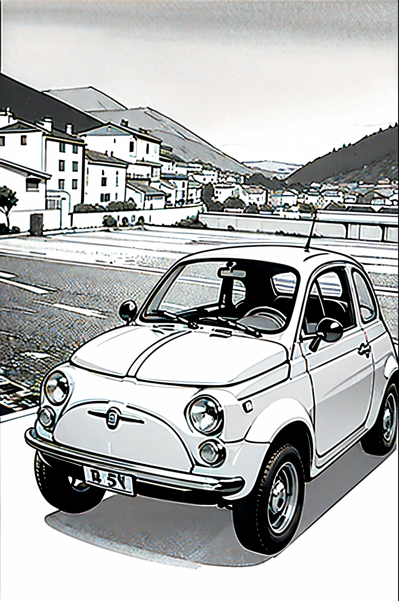 (masterpiece:1.2, Highest quality),(Line art),(Monochrome),(Very detailed),8K,wallpaper,Fiat 500,Italian town,Sunset