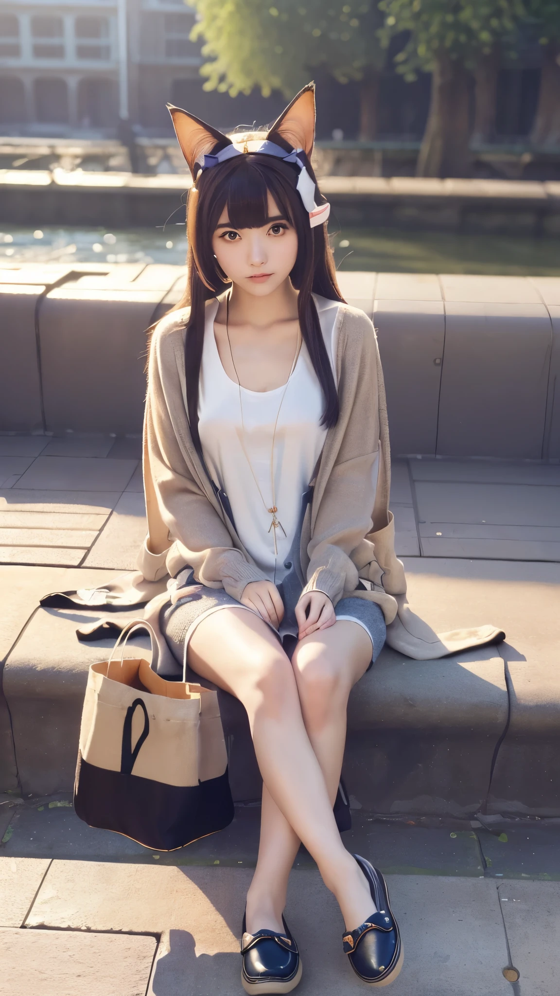 Masterpiece, 4k, Bokeh, beautiful face, (Japanese idle:1.6), (Long cardigan with a t-shirt dress and flats, Casual weekend background, Canvas tote bag:1.4), (Cat ears:1.3), Sitting on From below, (London:1.5)
