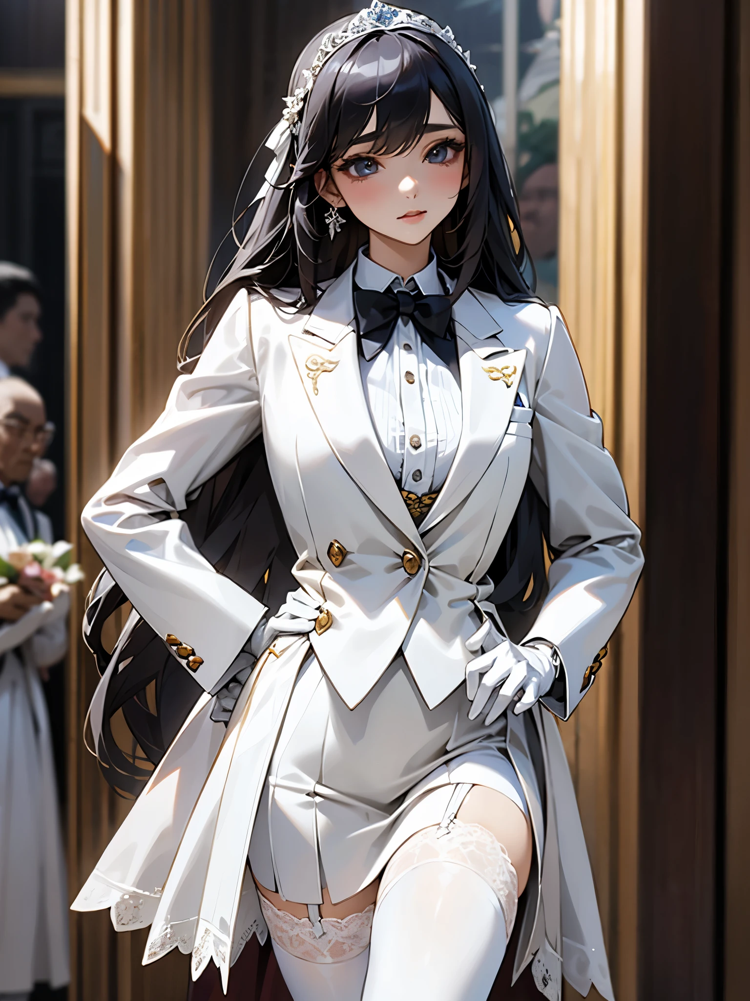 A beautiful woman with long hair wearing a luxuriously embroidered white tuxedo and standing alone at a royal palace party venue、Fold skirt、Lace gloves、Garter Stockings