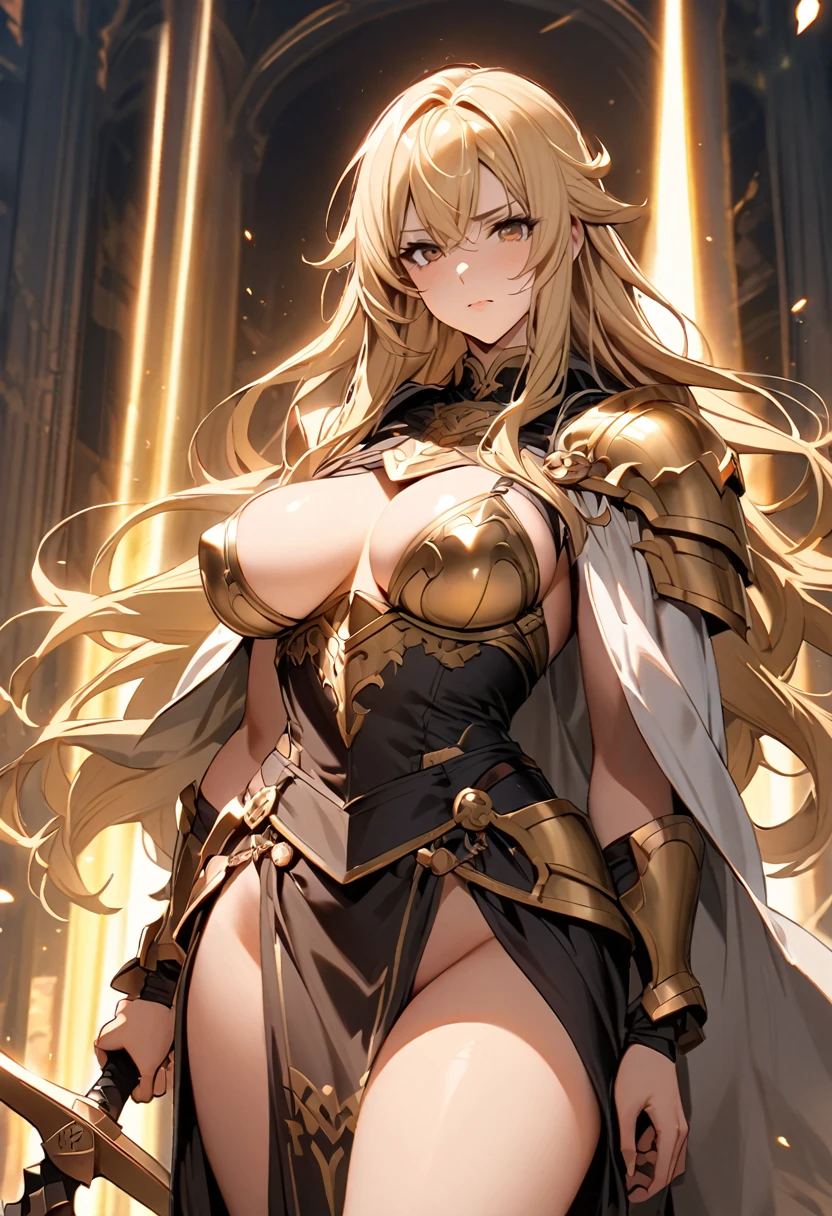 Beautiful, big breasted, single, 1 girl with long hair, blonde hair, brown eyes, warrior outfit, showing off her breasts and thighs. Brown and gold tones Great power swirled with stones and golden light. Both hands held a greatsword and rested it on his shoulder. The greatsword glowed with light. and the magic power on the sword shone brightly. clear greatsword The image of the greatsword was striking. The clearest image of both hands holding a greatsword and resting on their shoulders.