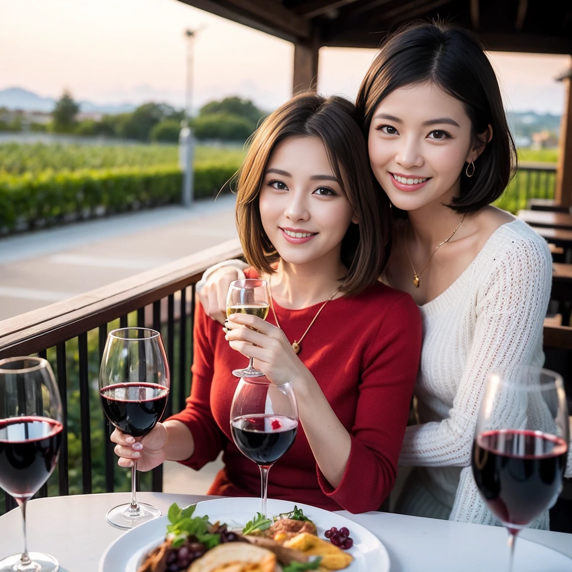 ((Highest quality、8k、masterpiece:1.3))、 (Genuineistic, Genuine、Bright image、Intricate details:1.2), Best smile 1 man 1 woman、Beautiful Couple、Lovers、Relatives and friends、actress couple、couple、Model Couple、Smile、A full-course dinner with a full table、テーブルにwine glass、 (Slim face), (The body is slim), (Brown Hair), (short hair), Please shine a light on my face、 Amazing view of the sunset sky and clouds、 (Age 36), 39 years old, red wine 、Appetizers、Wine bottle、sparkling wine、Long sleeve shirt、dress、White wine, red wine, wine glass,