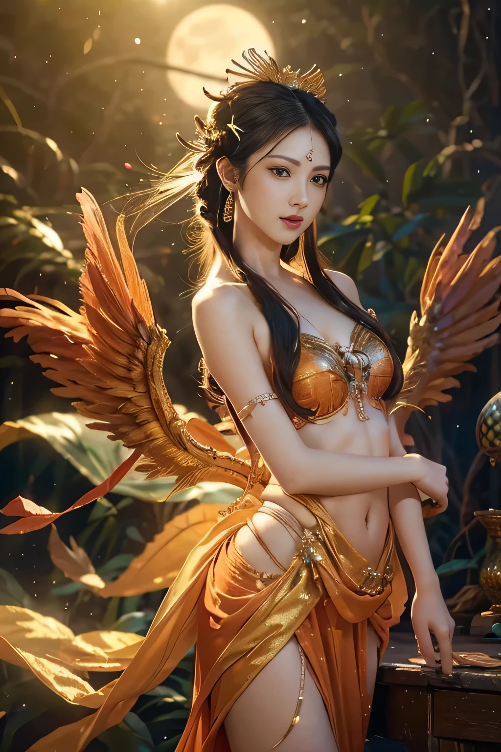 8K、Colorful lighting、distinct、Super detailed、surreal photos、(Photorealistic:1.2)、(Sharp Focus)、
1girl、(Cowboy Shot:1.3)、SFW、(Goddess of the Firebird incarnation in the forest)、((Phoenix wings and tail feathers sparkling in the night、Beautiful and intricately designed costumes、Slender and erotic outfit,))、Accurate anatomy、Perfect hands and fingers、Alluring、sexy、Eros、(Beautiful Face、Detailed and perfect face、Large, even eyes、A face that anyone would love)、(Perfect proportions、Small head、A well-proportioned body for seven heads、Normal chest、Cleavage、Shoulders are flesh、Narrow waist、navel、Beautiful buttocks in shape、Crotch gap、sexy thighs)、(Random Pause、Dynamic Angle)、(Shining in the light of the full moon)、Soft Light、Ambient Lighting、Beautiful forest and lake、(Depth field:1.3)、(Blur)