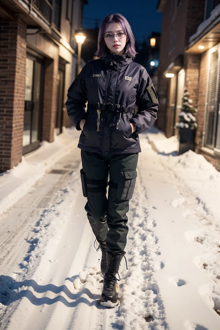 1 girl, beautiful purple hair, blue eyes detailed, wearing glasses, military, wearing military tactical gear, black military tactical jacket, black military pants, plack military boots, winter, night, city, snow, realistic, ultra-detailed, HDR, 4k, full body, realistic lighting and contrast