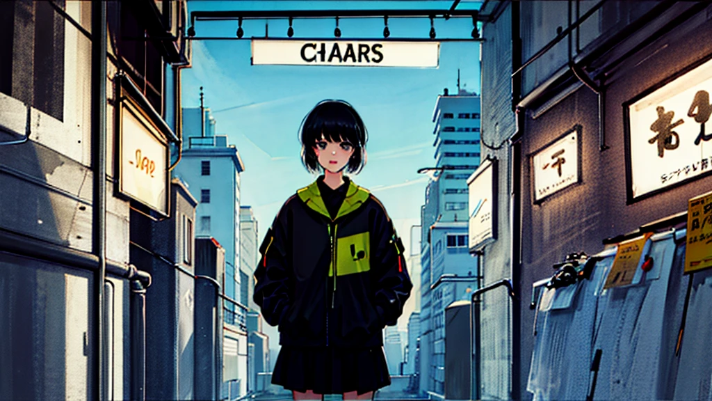 Black short Hair, night, black jacket, One Woman, record shop, Headphones,Cyberpunk City