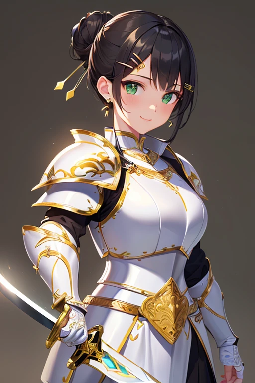 ((Masterpiece: 1.3)), ((Highest quality: 1.2)), ((Very detailed: 1.4)), One Girl, ((Black Hair: 1.1)), ((Updo: 1.1)), Hair Bun, ((White armor: 1.7)), (((Woman warrior))), Green Eyes, Smile, ((Simple Background: 1.2)), (ornate hairpin in the shape of a sword: 1.6), (Green earrings: 1.1), (tsurime: 1.2)