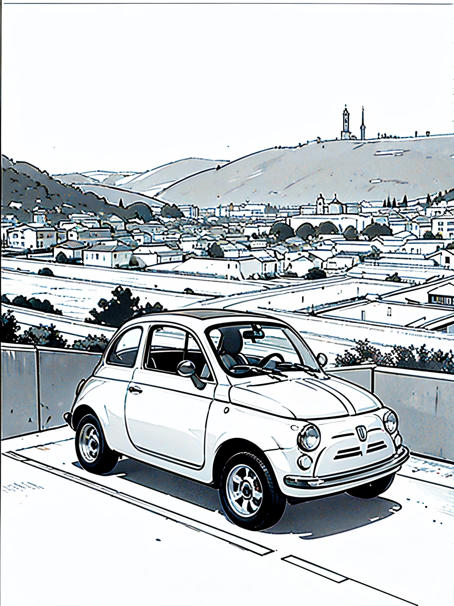 (masterpiece:1.2, Highest quality),(Line art),(Monochrome),(Very detailed),8K,wallpaper,Fiat 500,Italian town,Sunset