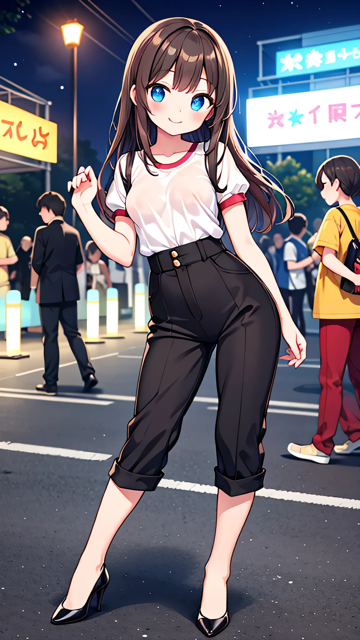 {Highest quality], [Super beautiful], [Ultra fine], [Best illustration], NSFW,Brown Hair, Hime cut, Long Hair, With bangs, girl,OL,Plain short-sleeved shirt,Black long slacks,smile, blush, Slender women, Adult women,Strike a Pose,(Public),Night Park,Summer festival,diagonal, Bare feet and pumps, Plain black pumps