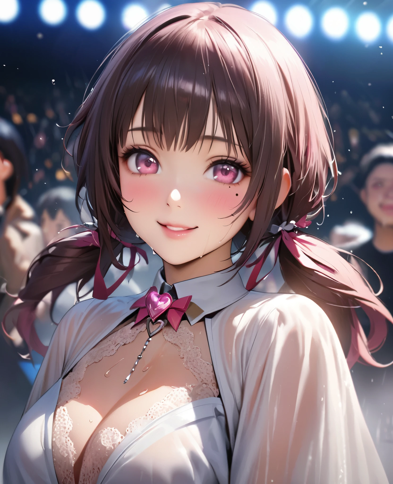 One Girl、Looking at the audience、lovely,
Beautiful pink eyes、short twin tail hair , Mole under the eye、Plump and glossy lips、Heart-shaped choca、Idol、Her name is Rico,smile、ー、。.。.。.。.。.。.。.。.。.。.。.。.。.。.。.。.。.。.3D、Realistic、
The idol's costume was soaked in the heavy rain, and her chest was wet and transparent.Heavy rain at outdoor concert, Drape clothes、gem、The decoration has been removed、Floral、Lace trim,On a glittering stage、
masterpiece、highest quality、8k、Detailed skin texture、Detailed cloth texture、Beautifully detailed face、Intricate details、Very detailed、
超A high resolution、8k Ultra HD、Film Grain、Best Shadow、delicate、Gazing at the audience、front