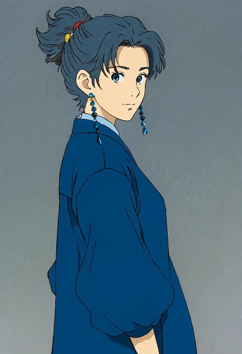 A Ghibli's studio character. With messy hair and dark large clothes. she wear very noticeable earrings and her eyeshadow is blue
