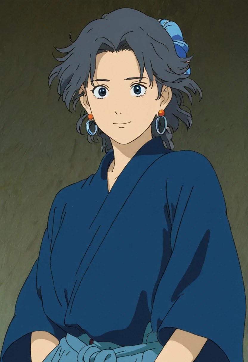 A Ghibli's studio character. With messy hair and dark large clothes. she wear very noticeable earrings and her eyeshadow is blue