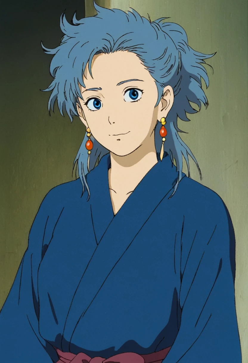 A Ghibli's studio character. With messy hair and dark large clothes. she wear very noticeable earrings and her eyeshadow is blue