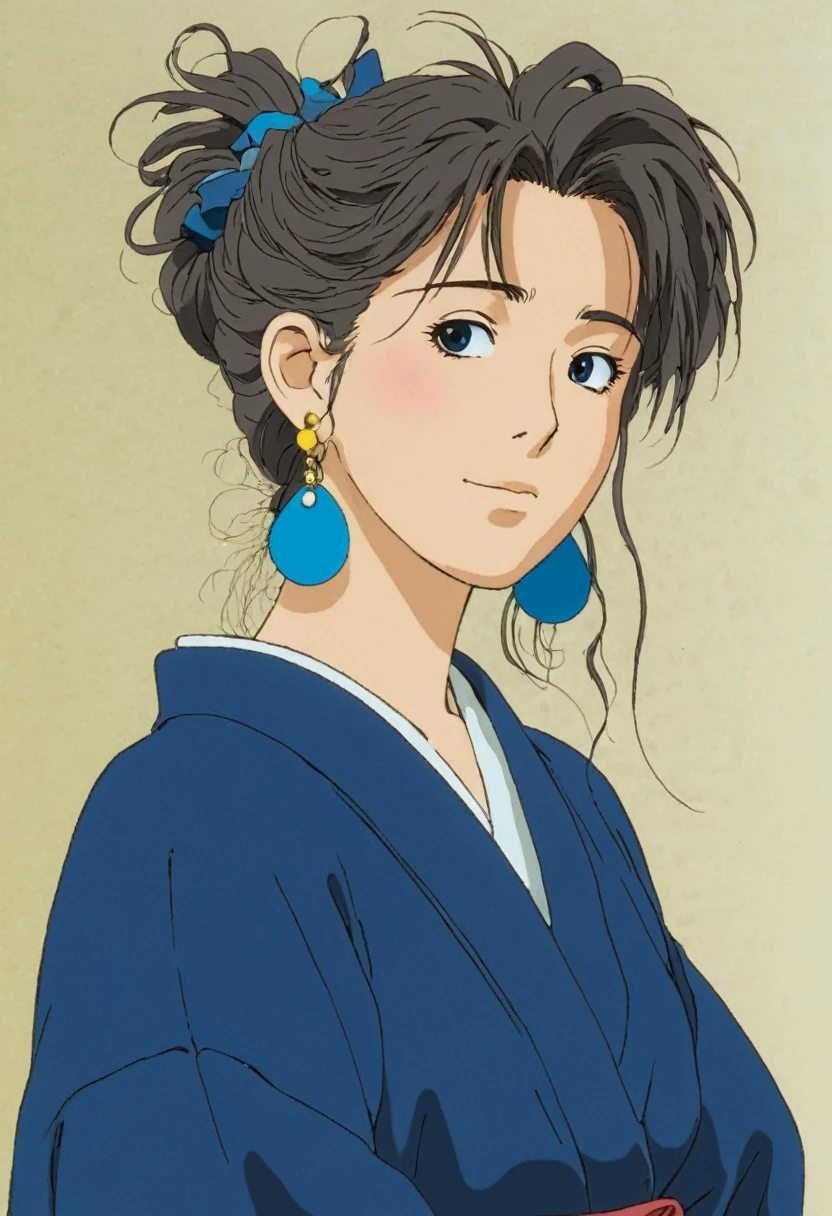 A Ghibli's studio character. With messy hair and dark large clothes. she wear very noticeable earrings and her eyeshadow is blue