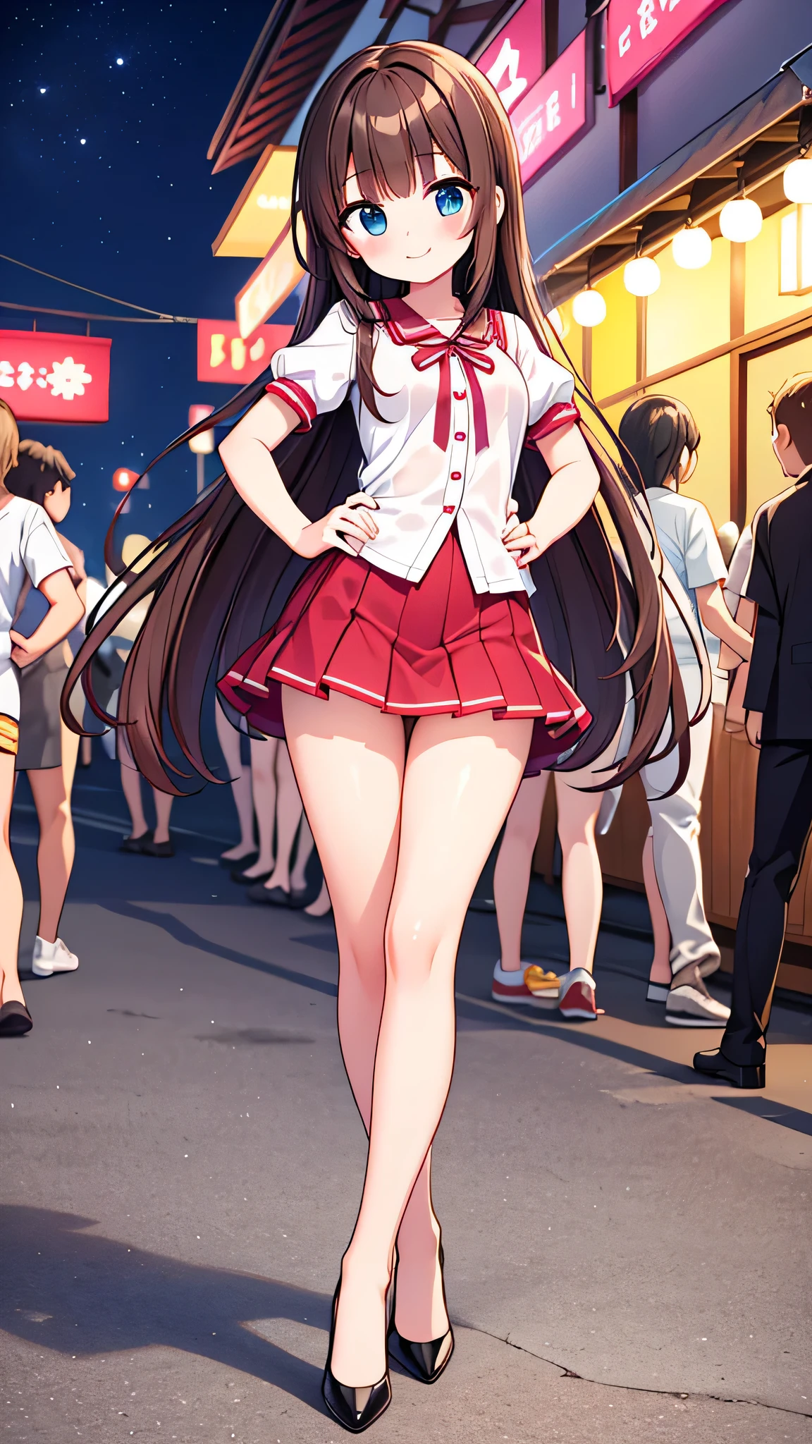 {Highest quality], [Super beautiful], [Ultra fine], [Best illustration], NSFW,Brown Hair, Hime cut, Long Hair, With bangs, girl,OL,Plain short-sleeved shirt, Long straight skirt, smile, blush, Slender women, Adult women,Strike a Pose,(Public),Night Park,Summer festival,diagonal, Bare feet and pumps, Plain black pumps
