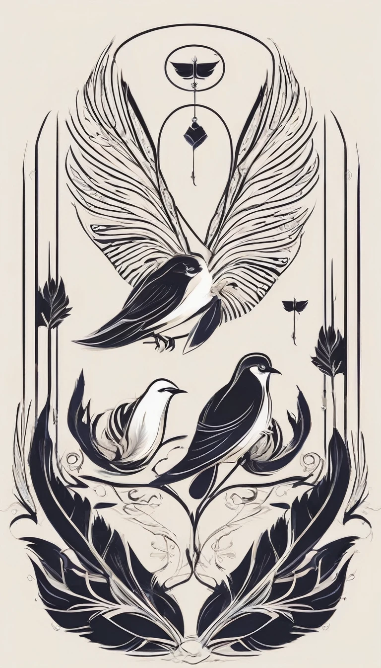 Create a symmetrial, abstract logo of two birds and a boy guitarist. As a symbol, create a feather as the special symbol for a creative brand called " Penamemoria". The logo should represent the companionship between a boy guitarrist, A Storyteller Fantasy Bird and a Dreamy Feather. Minimalist symbol design
