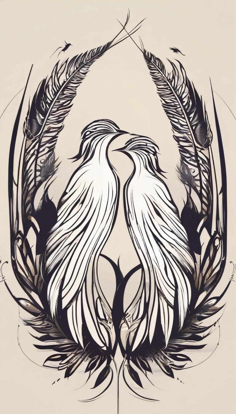 Create a symmetrial, abstract logo of two birds and a boy guitarist. As a symbol, create a feather as the special symbol for a creative brand called " Penamemoria". The logo should represent the companionship between a boy guitarrist, A Storyteller Fantasy Bird and a Dreamy Feather. Minimalist symbol design