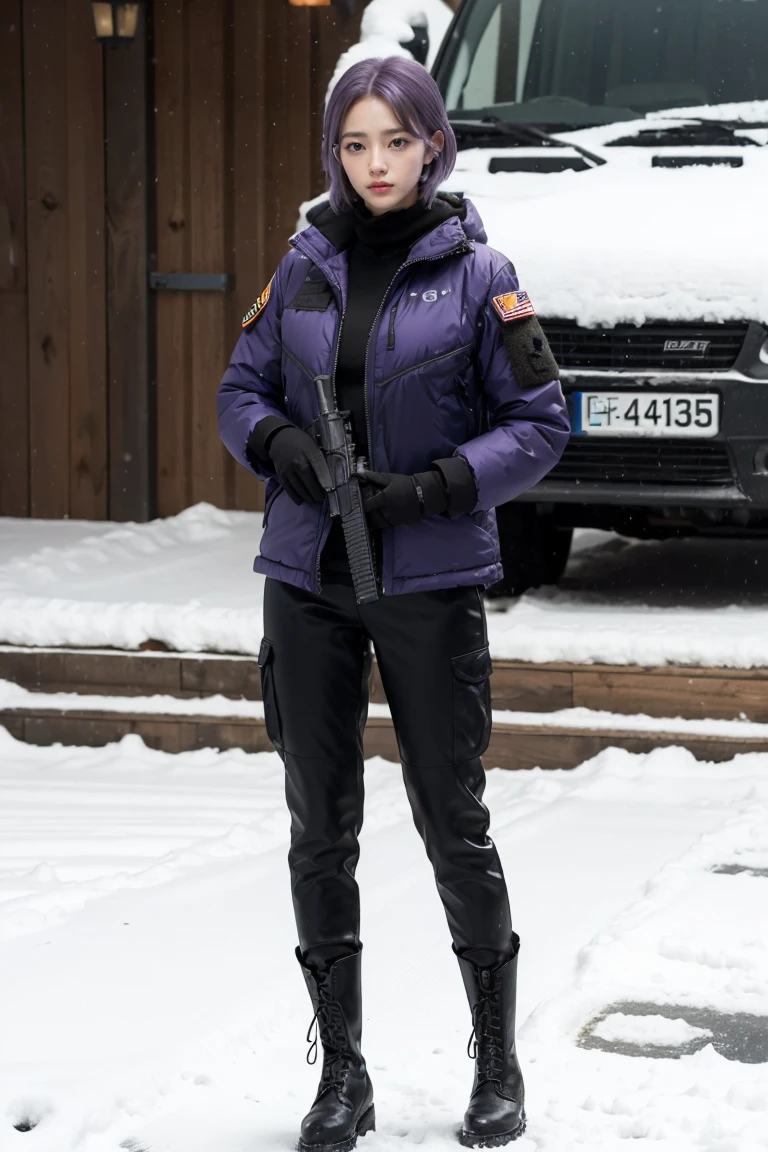 1 girl, beautiful purple hair, blue eyes detailed, wearing glasses, military, wearing military tactical gear, black military tactical jacket, black military pants, plack military boots, winter, night, city, snow, realistic, ultra-detailed, HDR, 4k, full body, realistic lighting and contrast