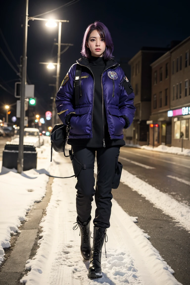 1 girl, beautiful purple hair, blue eyes detailed, wearing glasses, military, wearing military tactical gear, black military tactical jacket, black military pants, plack military boots, winter, night, city, snow, realistic, ultra-detailed, HDR, 4k, full body, realistic lighting and contrast