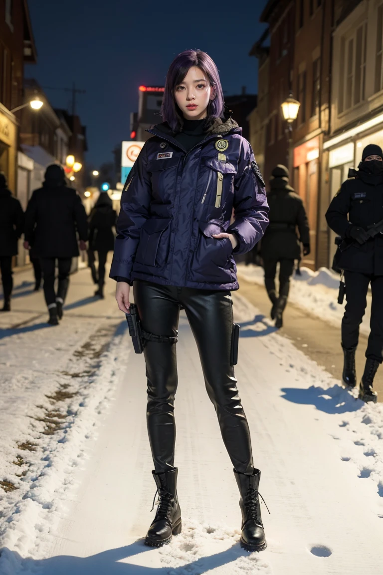 1 girl, beautiful purple hair, blue eyes detailed, wearing glasses, military, wearing military tactical gear, black military tactical jacket, black military pants, plack military boots, winter, night, city, snow, realistic, ultra-detailed, HDR, 4k, full body, realistic lighting and contrast