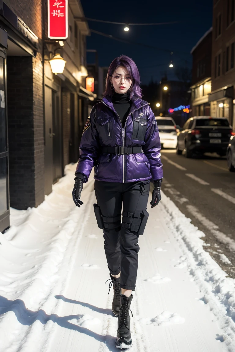 1 girl, beautiful purple hair, blue eyes detailed, wearing glasses, military, wearing military tactical gear, black military tactical jacket, black military pants, plack military boots, winter, night, city, snow, realistic, ultra-detailed, HDR, 4k, full body, realistic lighting and contrast