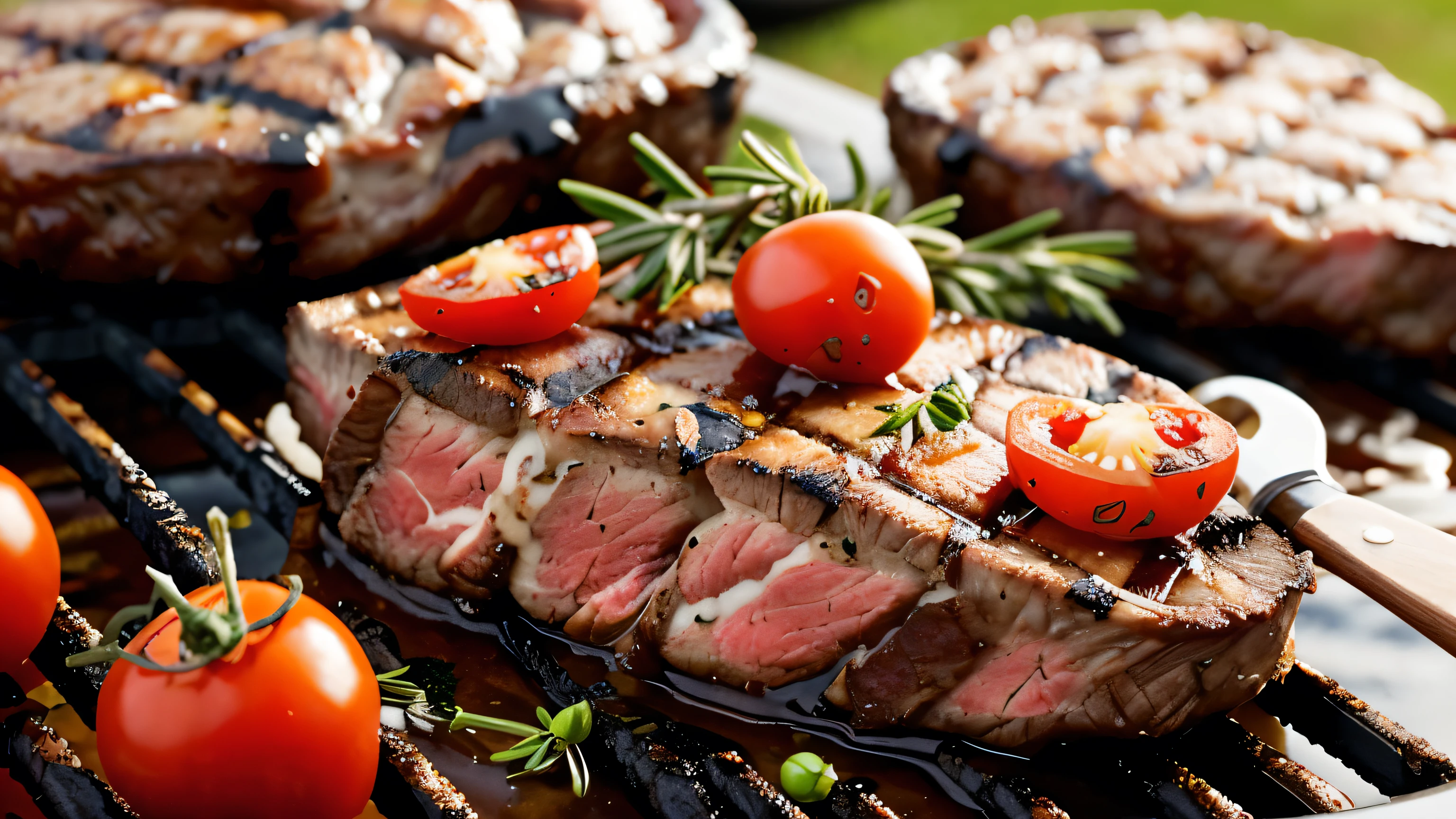 Grilled steak topped with peppercorns and rosemary, surrounded by cherry tomatoes, on a barbecue. Closeup with a blurred, bokeh background. Concept of outdoor cooking
