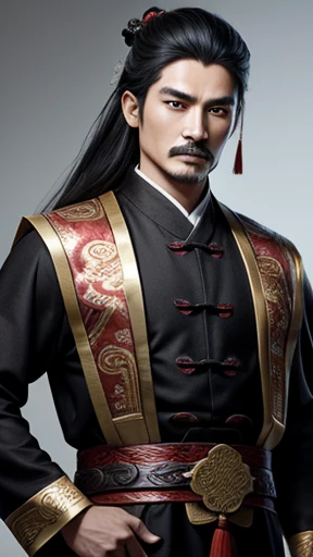 Oriental、Men in ancient Chinese costumes、ancient chinese hairstyle male、Three Kingdoms、intellectual、Highest quality、masterpiece、Ultra-high resolution、(Realistic:1.4)、Game Poster、Crisp and beautiful image quality、Black clothes、White、{Small mustache}、Handsome、