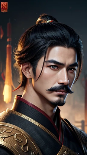 Oriental、Men in ancient Chinese costumes、ancient chinese hairstyle male、Three Kingdoms、intellectual、Highest quality、masterpiece、Ultra-high resolution、(Realistic:1.4)、Game Poster、Crisp and beautiful image quality、Black clothes、White、{Small mustache}、Handsome、