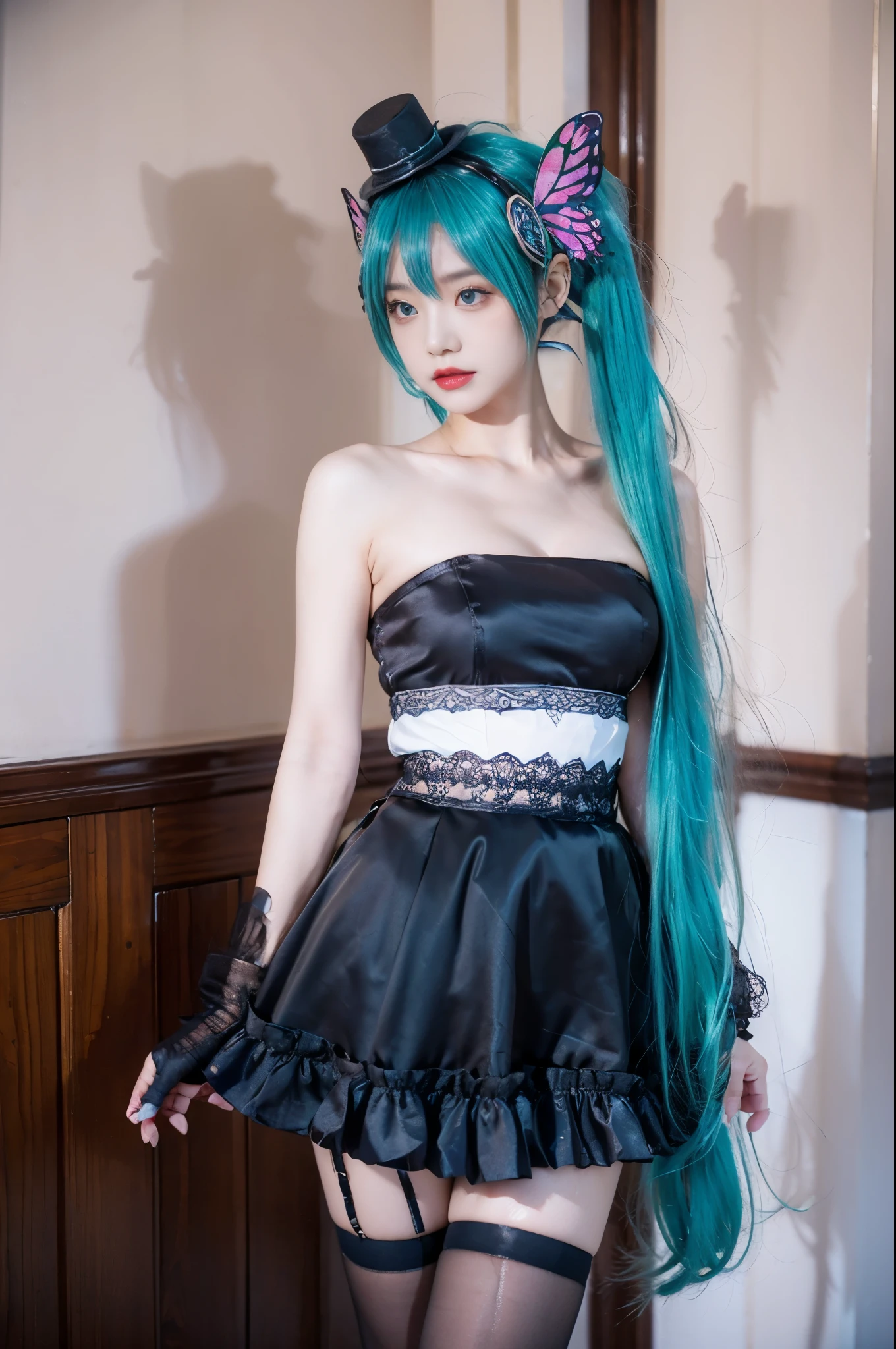 hatsune miku cosplay costume, hatsune miku, cosplay, twintails, aqua hair, very long hair, strapless dress, dress, fingerless gloves, mini hat, butterfly hair ornament, hair ornament, headphones, butterfly headphones, thighhighs, high heels beauty, beautiful女人,Have a perfect body:1.4,Layered Hairstyle,((Big breasts)), ((D cup)), Visible cleavage,Bare shoulders, Highly detailed face and skin texture,Double eyelids,Skin Whitening,Long hair,Whitening long legs,Standing by the sea, Fashion girl, Red lips, Sweet maiden, beautiful妆容, detail, lifelike, Very detailed, amazing, beautiful, Young and energetic, high quality,High Definition, rich and colorful,Exquisite, Smooth skin, The skirt is short, Lift the skirt with your hands, Elegant and charming posture, Official Art, Extremely detailed, Movie atmosphere, Soft colors, Natural skin texture,