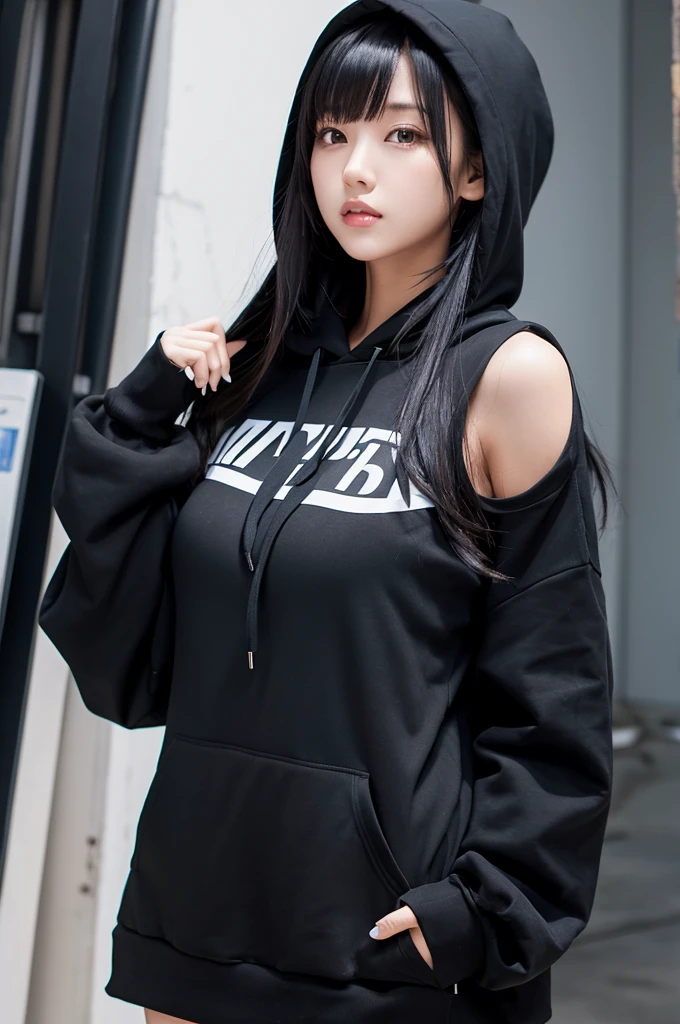 A girl with long black hair wearing a black hoodie with a hood　tall　Large breasts　With bangs　Refers to slender　With waistline