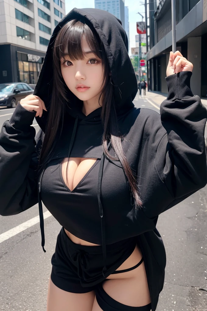 A girl with long black hair wearing a black hoodie with a hood tall Large breasts With bangs Refers to slender With waistline