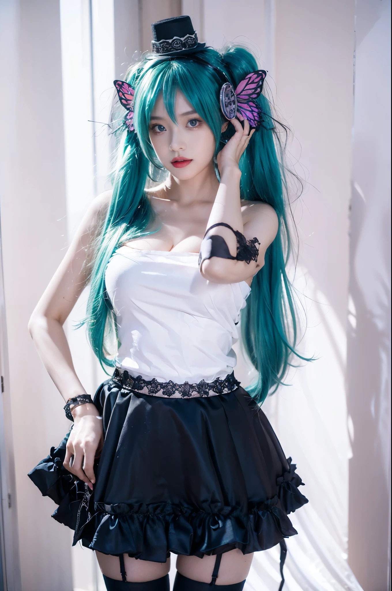 hatsune miku cosplay costume, hatsune miku, cosplay, twintails, aqua hair, very long hair, strapless dress, dress, fingerless gloves, mini hat, butterfly hair ornament, hair ornament, headphones, butterfly headphones, thighhighs, high heels beauty, beautiful女人，Have a perfect body：1.4，Layered Hairstyle，((Big breasts)), ((D cup)), Visible cleavage，Bare shoulders, Highly detailed face and skin texture，Double eyelids，Skin Whitening，Long hair，Whitening long legs，Standing by the sea, Fashion girl, Red lips, Sweet maiden, beautiful妆容, detail, lifelike, Very detailed, amazing, beautiful, Young and energetic, high quality，High Definition, rich and colorful，Exquisite, Smooth skin, The skirt is short, Lift the skirt with your hands, Elegant and charming posture, Official Art, Extremely detailed, Movie atmosphere, Soft colors, Natural skin texture,