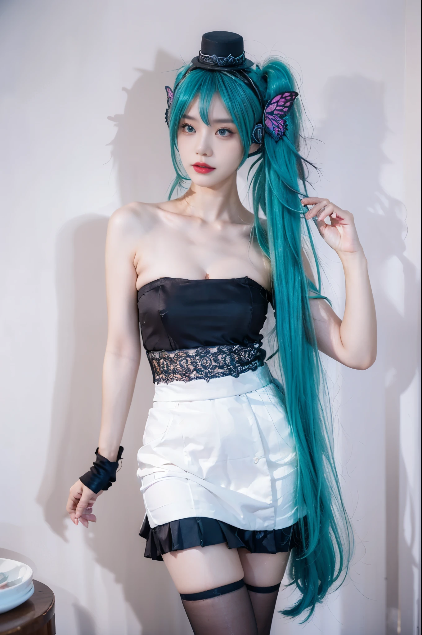 hatsune miku cosplay costume, hatsune miku, cosplay, twintails, aqua hair, very long hair, strapless dress, dress, fingerless gloves, mini hat, butterfly hair ornament, hair ornament, headphones, butterfly headphones, thighhighs, high heels beauty, beautiful女人，Have a perfect body：1.4，Layered Hairstyle，((Big breasts)), ((D cup)), Visible cleavage，Bare shoulders, Highly detailed face and skin texture，Double eyelids，Skin Whitening，Long hair，Whitening long legs，Standing by the sea, Fashion girl, Red lips, Sweet maiden, beautiful妆容, detail, lifelike, Very detailed, amazing, beautiful, Young and energetic, high quality，High Definition, rich and colorful，Exquisite, Smooth skin, The skirt is short, Lift the skirt with your hands, Elegant and charming posture, Official Art, Extremely detailed, Movie atmosphere, Soft colors, Natural skin texture,