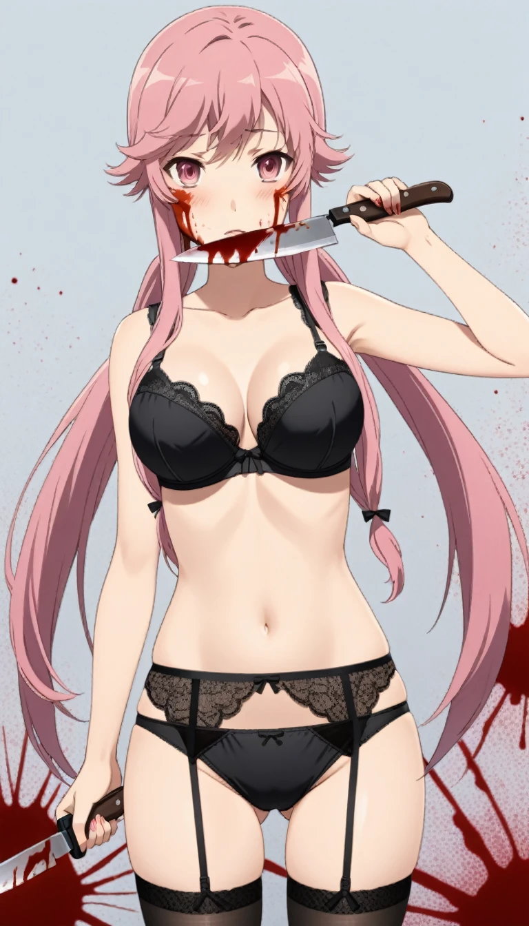 score_9, score_8_up, score_7_up, best quality, anime BREAK, 1girl, blood, underwear, solo, long_hair, pink_hair, thighhighs, panties, knife, red_eyes, black_panties, lingerie, blood_on_face, garter_belt, breasts, blood_splatter, bra, blood_on_knife, pink_eyes, looking_at_viewer, yandere, twintails, ass_visible_through_thighs, blood_on_weapon, weapon